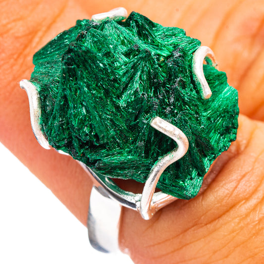 Raw malachite ring with irregular green stone and .925 sterling silver claw prongs