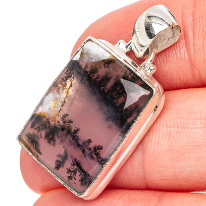 Mauve dendritic agate pendant in rectangle bezel, sterling silver bail and frame