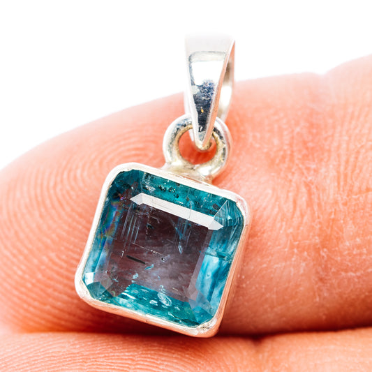 Faceted paraiba kyanite pendant in square bezel, teal blue gemstone with .925 sterling silver bail