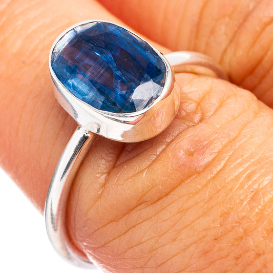 Sterling silver kyanite ring with oval blue gemstone bezel set