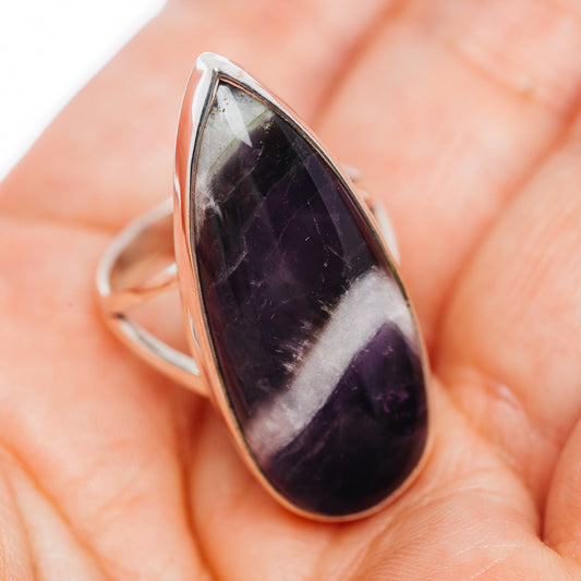 Sterling silver amethyst teardrop ring, size 8, side view with band