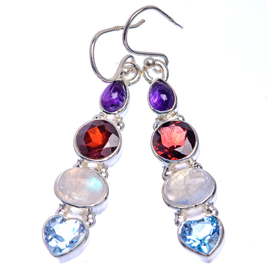 Rainbow Moonstone, Garnet, Blue Topaz, Amethyst Earrings 1 7/8" (925 Sterling Silver) E432984
