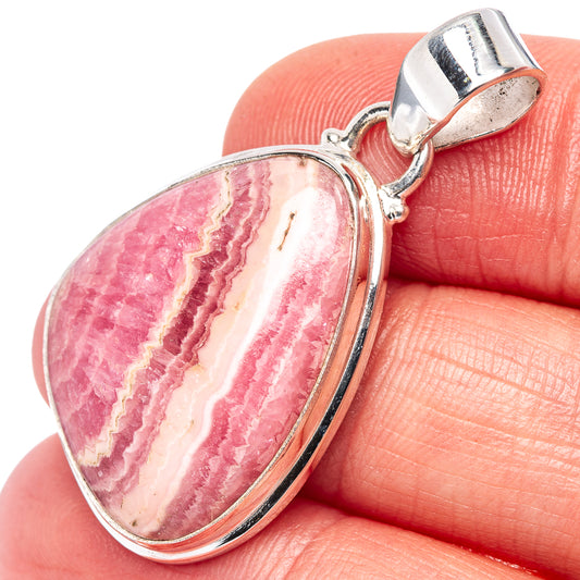 Oval rhodochrosite pendant, pink and white ribbon-like stone in .925 sterling silver