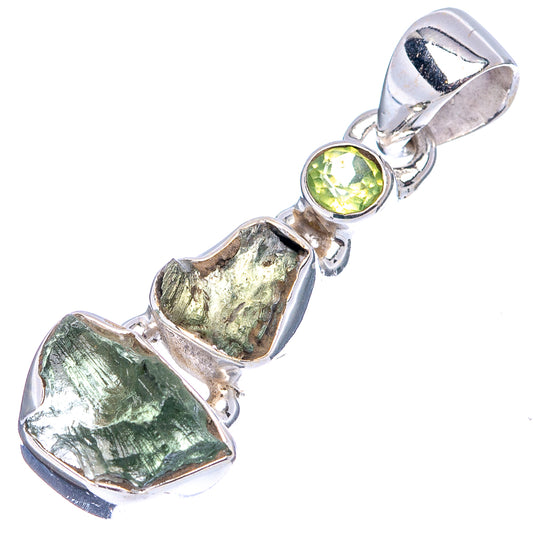 Sterling silver pendant with round peridot and two raw green moldavite stones