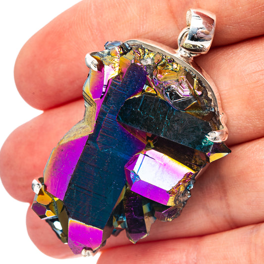 Titanium druzy pendant with rainbow iridescent crystal and .925 silver bail
