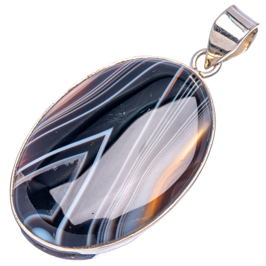 Oval black agate pendant with white-gray banding in .925 sterling silver bezel
