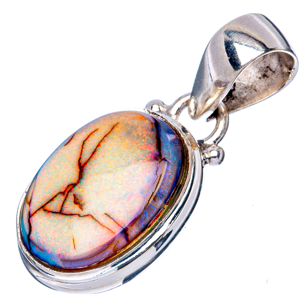 Oval opal pendant with silver bezel and hinged bail, rainbow iridescence on stone.