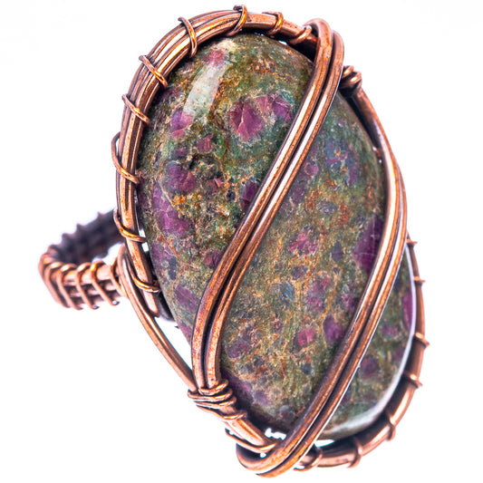 Fuchsite cabochon ring with oxidized copper wire wrap and twisted band, oval stone