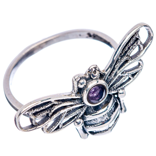 Sterling silver bee dainty ring with purple amethyst round center, side view, detailed wings