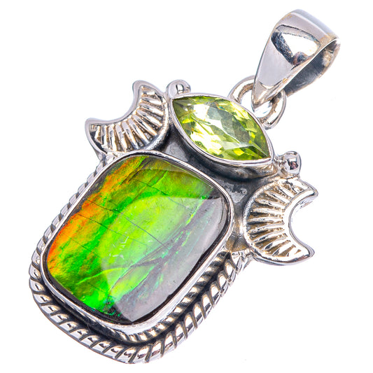 Sterling silver ammolite pendant with green rectangular and pear-shaped stones, fish motif