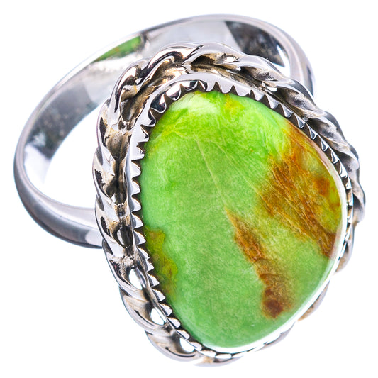 Sterling silver gaspeite ring, oval green stone in rope bezel, side view, size 9