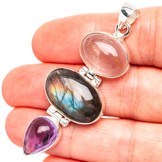 925 sterling silver pendant with rose quartz, amethyst, and labradorite cabochons