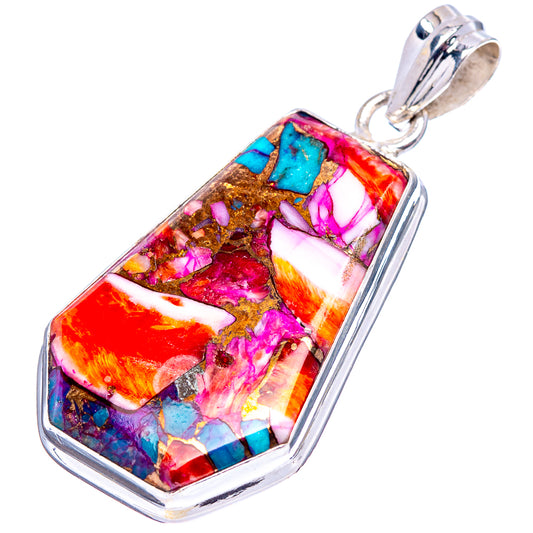 Sterling silver pendant with faceted rectangular multicolor mosaic stone and turquoise accents