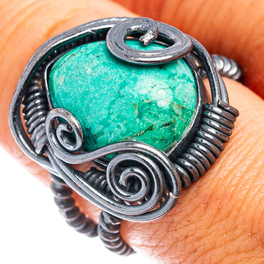 Turquoise oval cabochon sterling silver ring with ornate wirework bezel, size 8.25