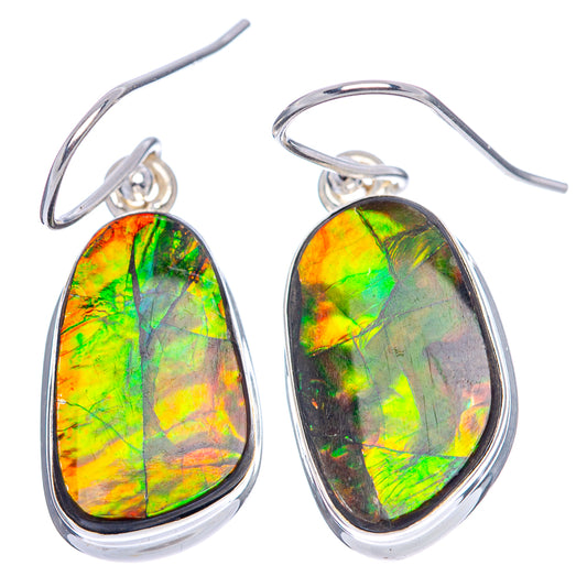 Oval ammolite drop earrings in .925 sterling silver, multicolor green, orange, yellow