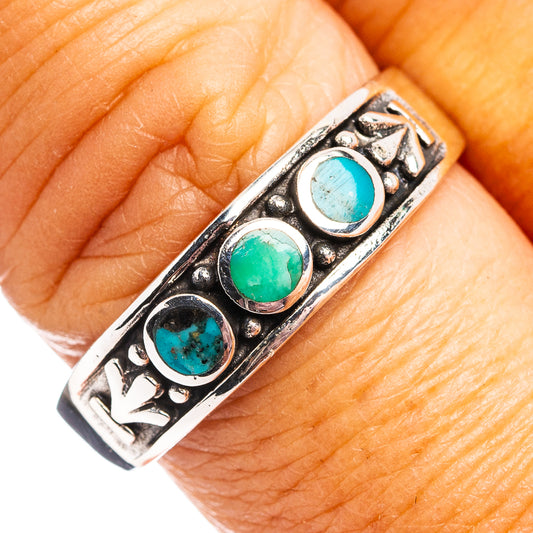 Sterling silver turquoise cabochon ring with three stones and engraved bezel