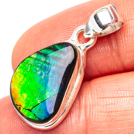 Canadian ammolite teardrop pendant, .925 sterling silver bezel, green-blue iridescent stone
