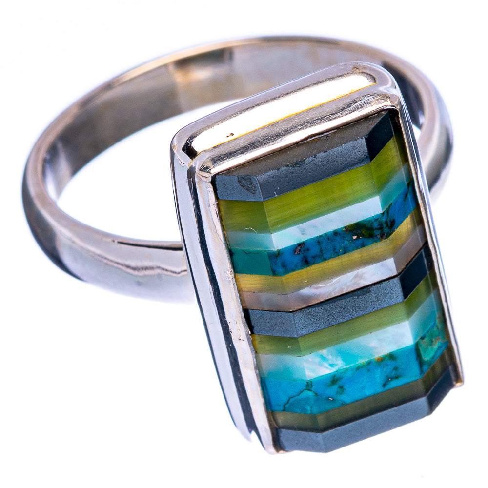 925 sterling silver ring with rectangular green and blue striped stone inset