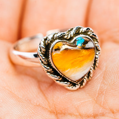 Southwestern Style Spiny Oyster Turquoise Heart Ring Size 8 Adjustable (.925 Sterling Silver)