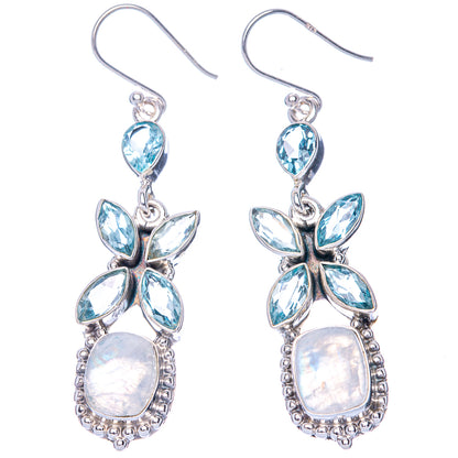 Premium Rainbow Moonstone, Blue Topaz Earrings 2 1/4" (925 Sterling Silver) E1266