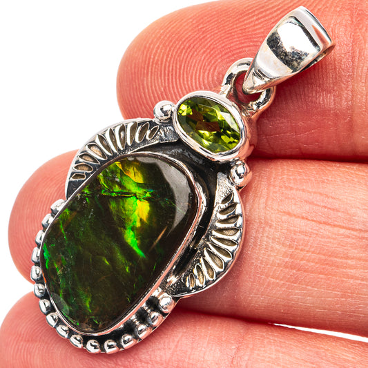 Sterling silver ammolite pendant with green peridot-style oval and round accents