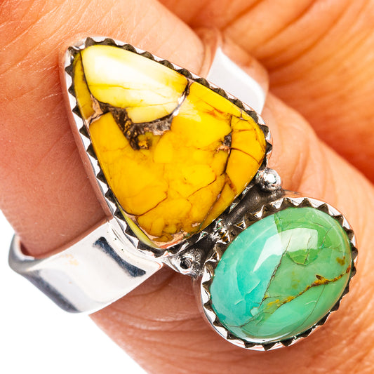 Sterling silver adjustable ring with yellow and green cabochon gemstone stones