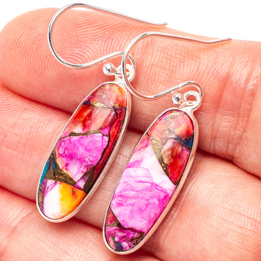 Sterling silver oval drop earrings with pink, red, and turquoise mosaic dangle