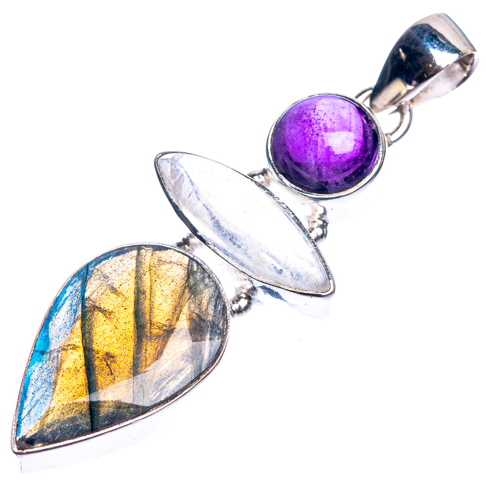 Sterling silver gemstone pendant with purple round center and two teardrop stones