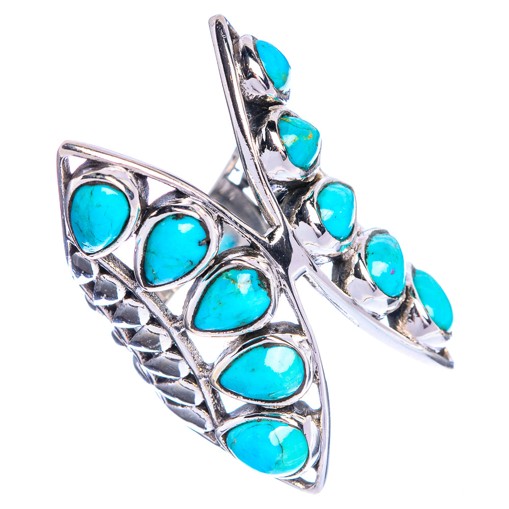 Turquoise oval gemstone silver ring with high prong setting and leaf-like openwork design