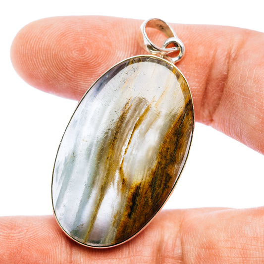 Oval aquatine lemurian calcite pendant, .925 sterling silver bezel, oval stone with gray-gold bands