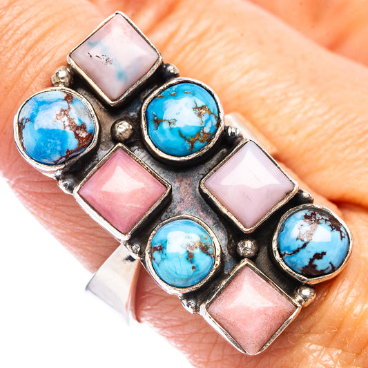 Adjustable sterling silver ring with blue turquoise and pink square opal bezels