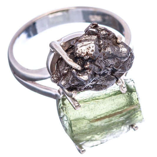 Sterling silver ring featuring dark rough stone top and green rectangular gem bezel