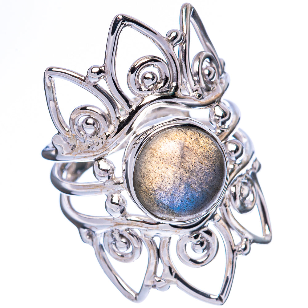 Sterling silver labradorite ring with round bezel cabochon, ornate claw-like openwork detail