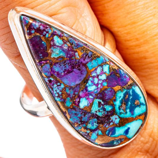 Oval mosaic turquoise gemstone ring with purple and blue stone set in .925 silver