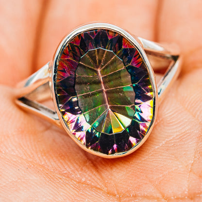 Sterling silver ring with oval iridescent faceted gemstone, multicolor rainbow sparkle