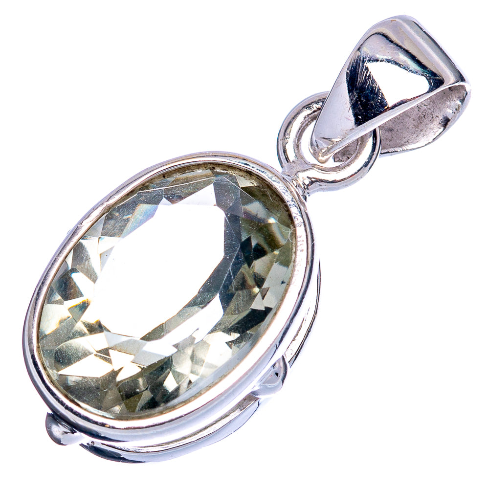 Oval green amethyst pendant in 925 sterling silver, faceted bezel with top bail