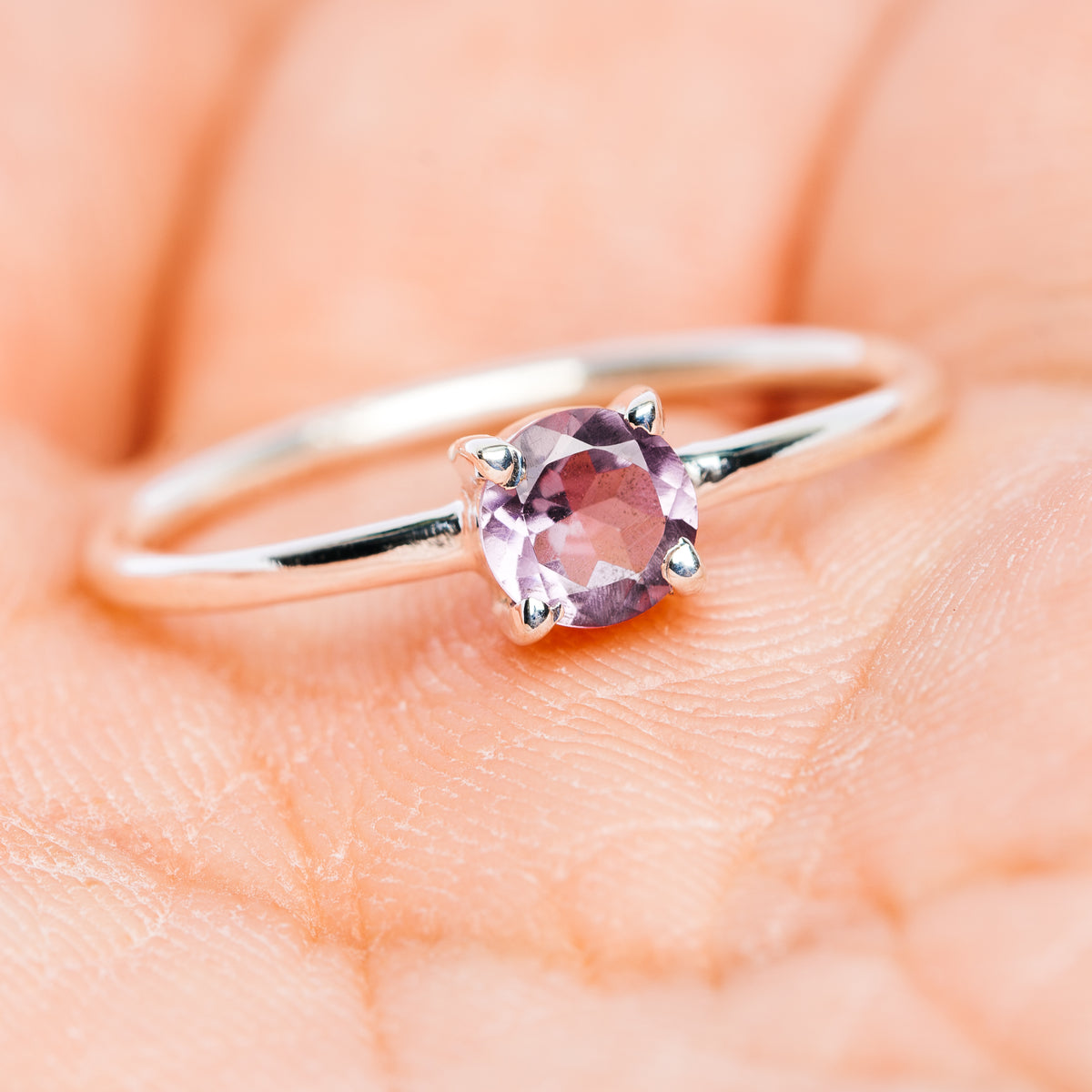 Round amethyst stackable sterling silver ring band with prong-set center stone