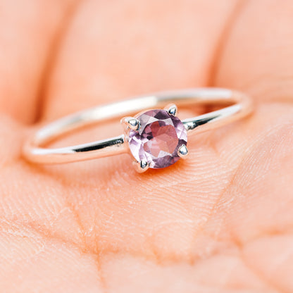 Round amethyst stackable sterling silver ring band with prong-set center stone