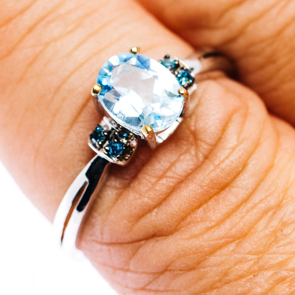 Blue Topaz, Blue Diamond Ring Size 8.75 (.925 Sterling Silver)