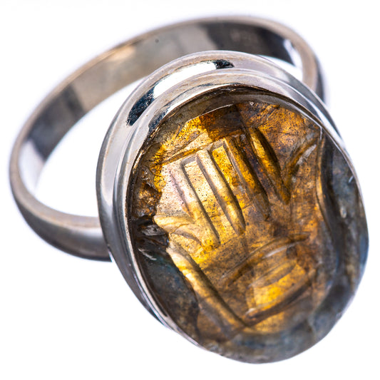 Size 9 .925 sterling silver labradorite ring, oval cabochon with gold-and-dark glow
