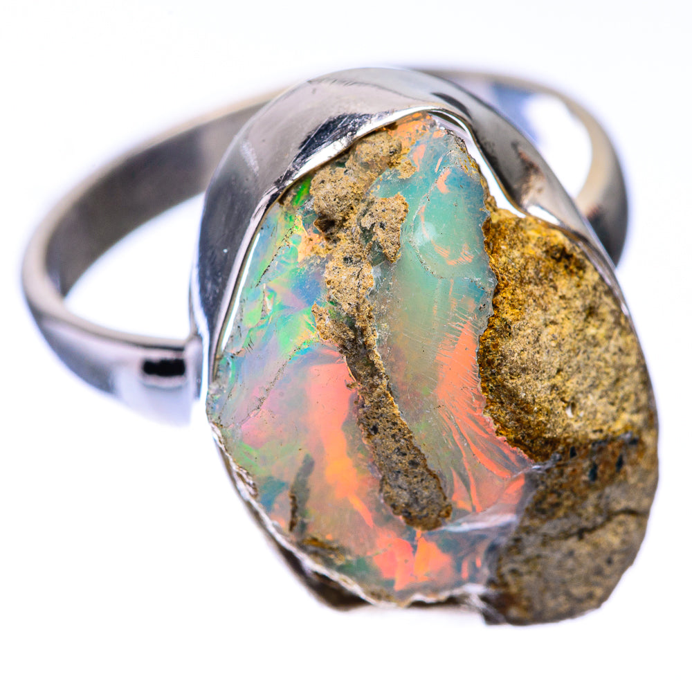 Sterling silver opal ring with prong-set rough oval Ethiopian opal and iridescent flashes