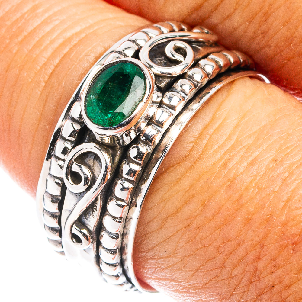 Zambian emerald oval ring in .925 sterling silver, ornate bezel with detailed band