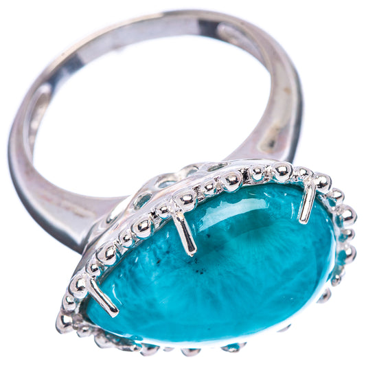 Sterling silver larimar ring with oval turquoise cabochon stone, side view