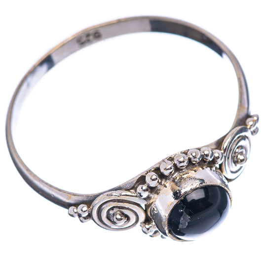 Sterling silver onyx ring with round black gemstone and scrollwork, open-top design, size 9.25