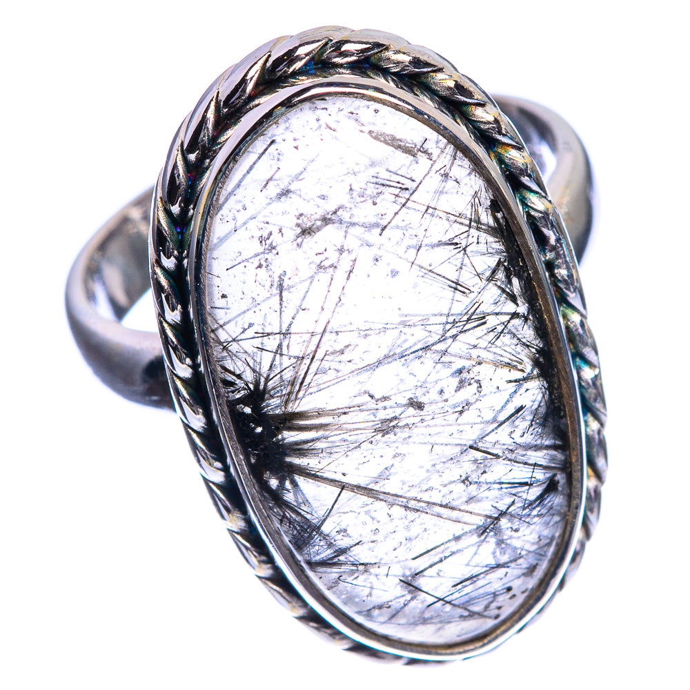 Oval tourmalinated quartz ring, oval clear stone in silver bezel