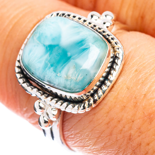 Oval larimar cabochon sterling silver ring with braided rope bezel, size 8