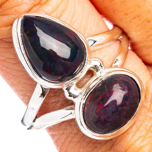 Sterling silver opal ring with two oval dark cabochon stones, size 10.75