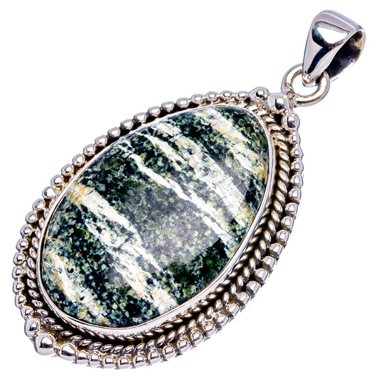 Sterling silver oval opal pendant, green and gray speckled cabochon with bail