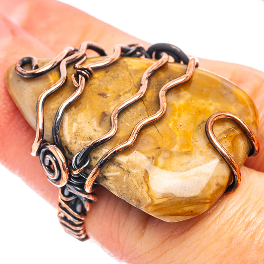 Oxidized copper wire-wrap ring with amber root stone and twisted chain links