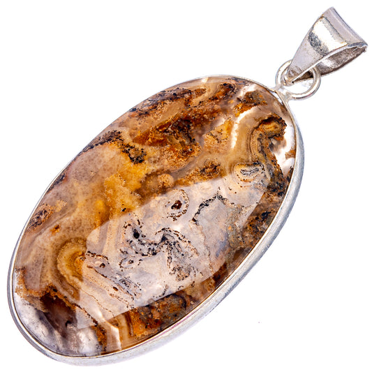 Silver-plated tube agate pendant, oval banded agate stone in brown, tan, and white